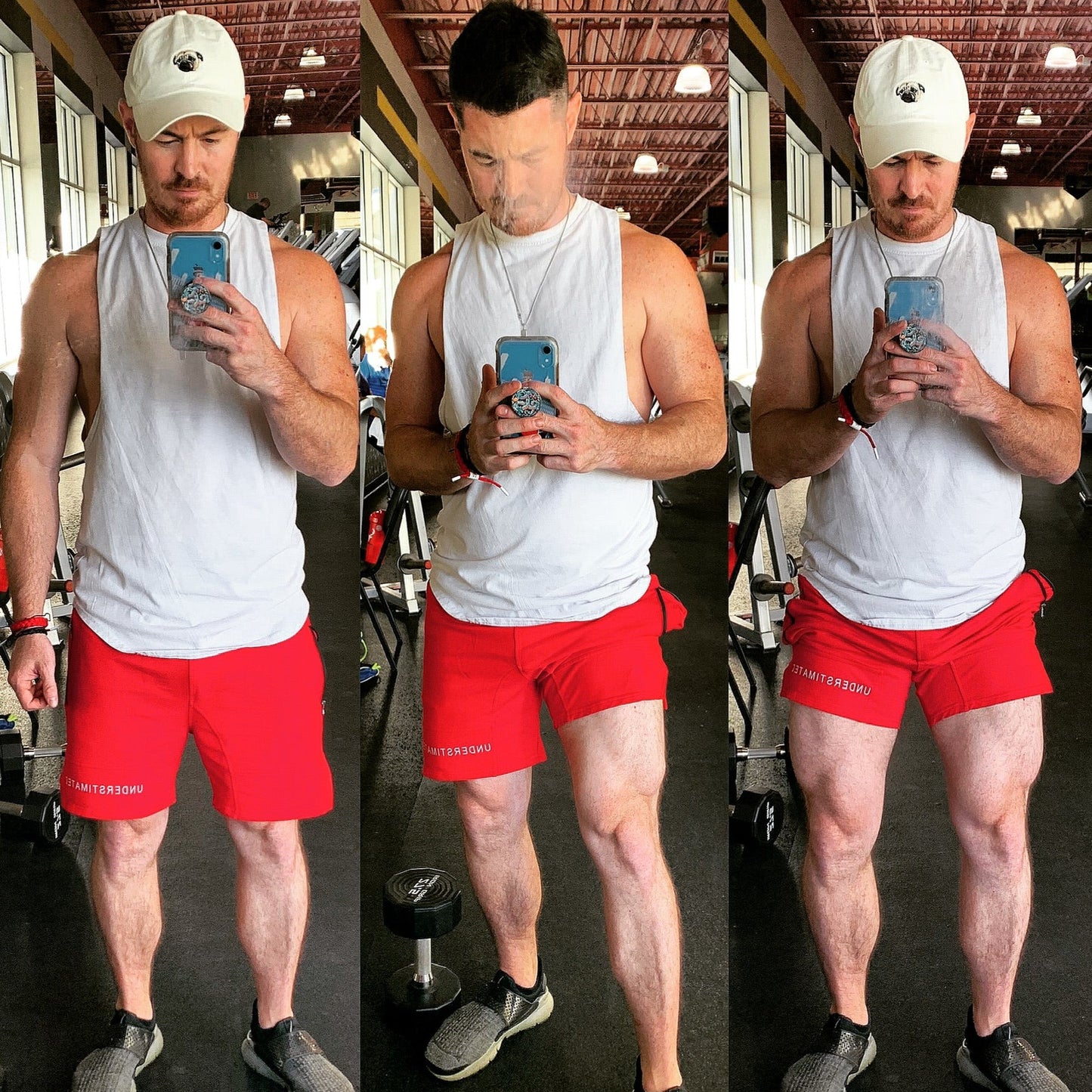 Three image collage of man wearing classic athletic shorts