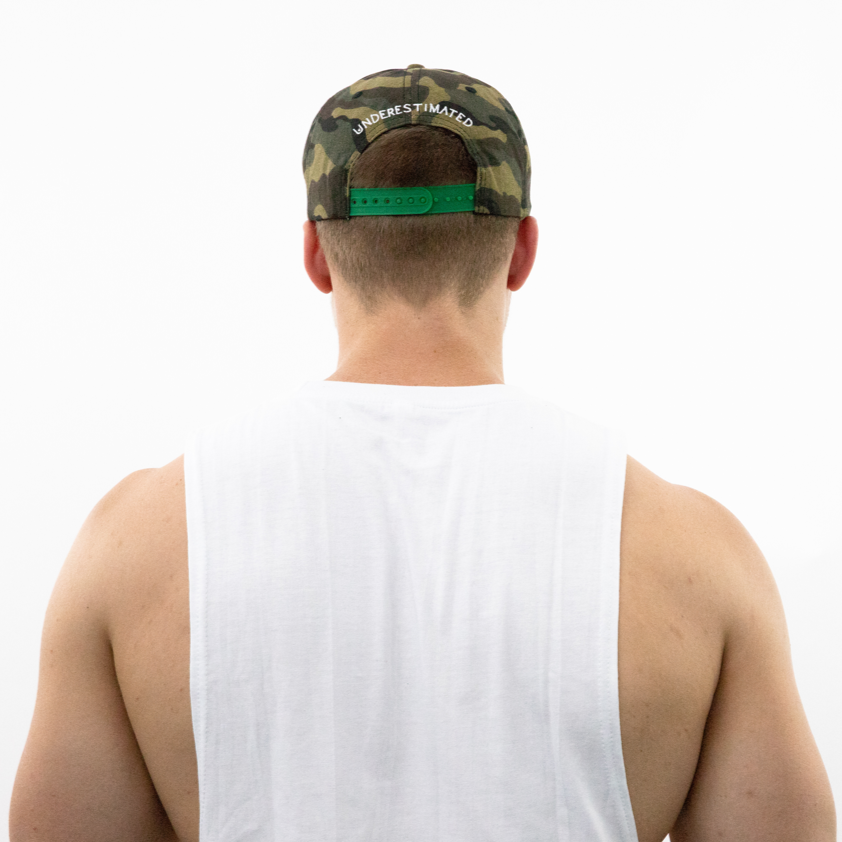 back view of man wearing camouflage snapback hat