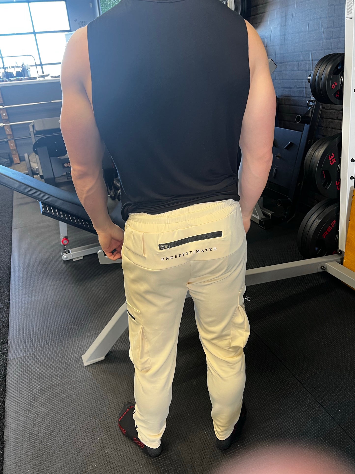 Man standing in gym, showing back of joggers with logo and phone pocket. Wear the Sail color.