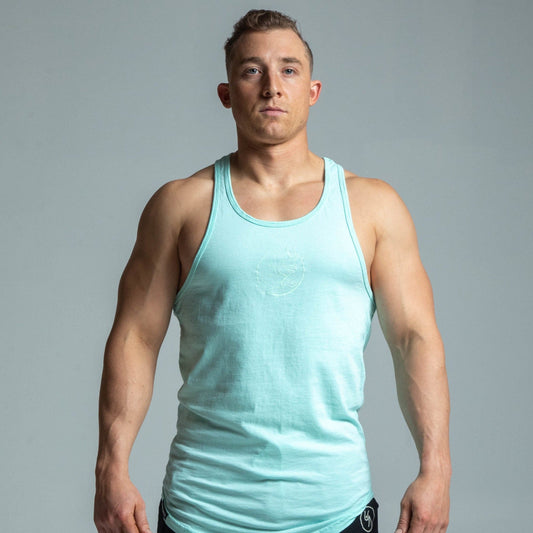 Front view of man wearing baby blue glow stringer tank top