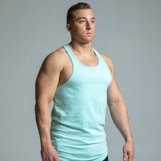 Angled view of man wearing baby blue glow stringer tank top