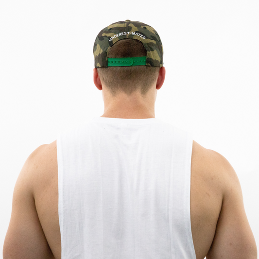 back view of man wearing camouflage snapback hat